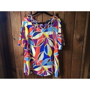 Ashley Stewart Multicolor Top Size 18/20W Flutter Sleeve Embellished Neck